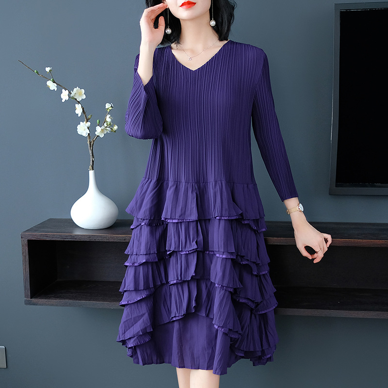 Autumn Women Fashion New Solid Color Pleated Lady Elegant Casual Loose Dress