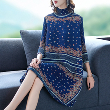 Women Folded Dress Fall Retro-ancient Printed Big Size Loose Belly Covered A-shaped Dress
