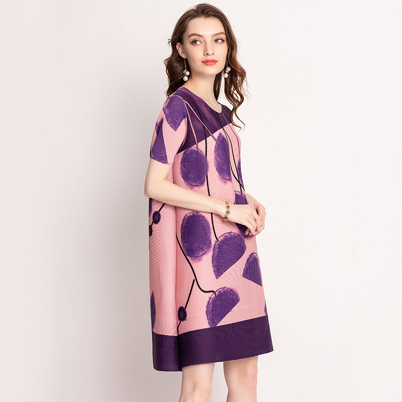 Women Pleated Dress Colour-matched Digital Loose Big Size New Summer Fashion Wrinkles Dress