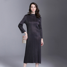 Women Pleated Fashion Office Lady Loose Solid Elegant Mid-calf Turtleneck Autumn Dress
