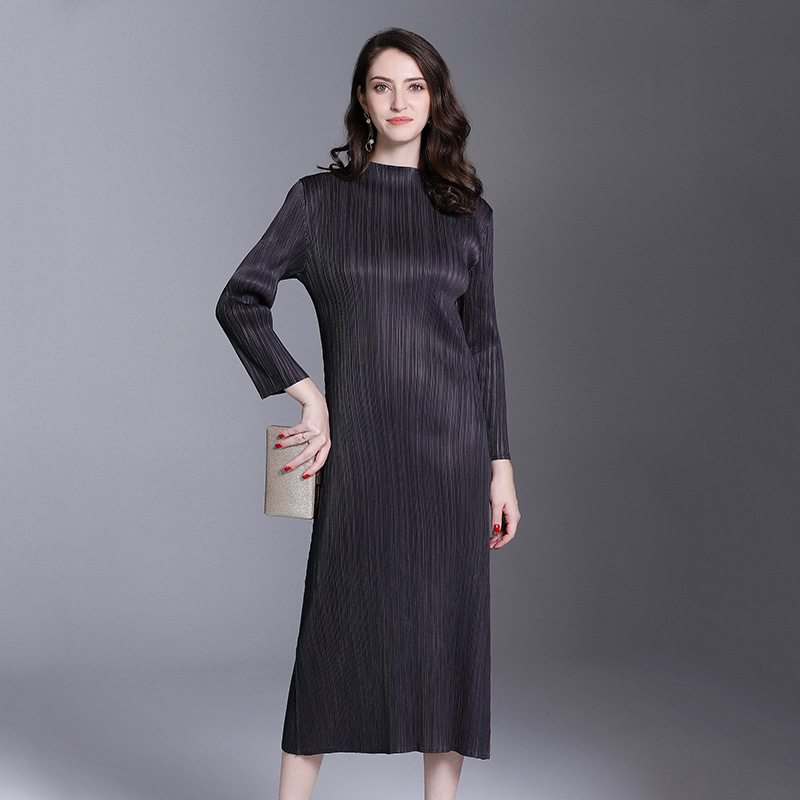 Women Pleated Fashion Office Lady Loose Solid Elegant Mid-calf Turtleneck Autumn Dress