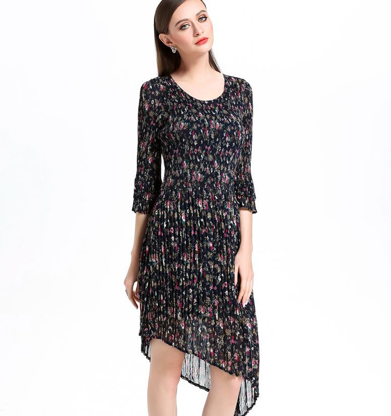 New O Neck Flower Dress Original High-end Fashion Big Size Women's Chiffon Dress
