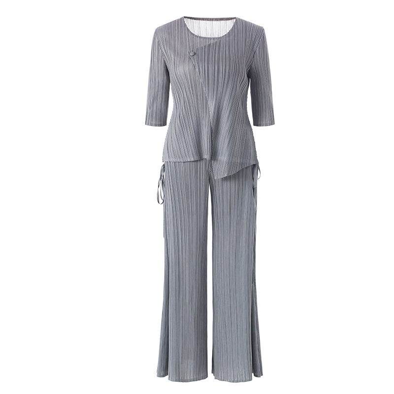 Spring Women Pleated Fashion New Pullover Tops Trousers Two Pieces Clothing Set