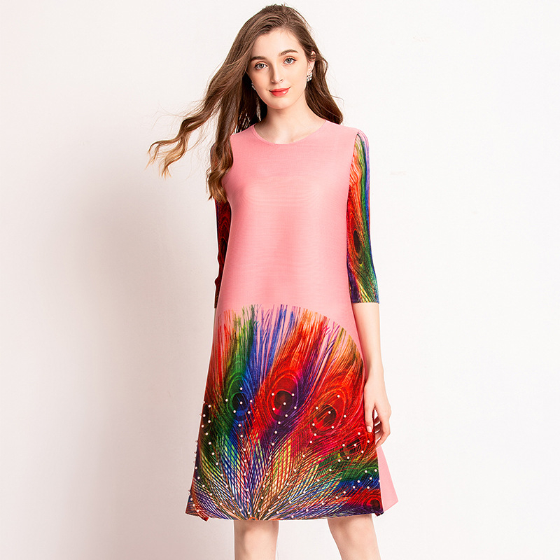 Women Pleated Dress Big Size Loose Popular Summer Fashion Digital Nail Dress