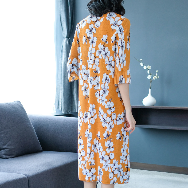 French Vintage Print Dress Pleats Lady Elegant Big Size Fashion Tidal Dress