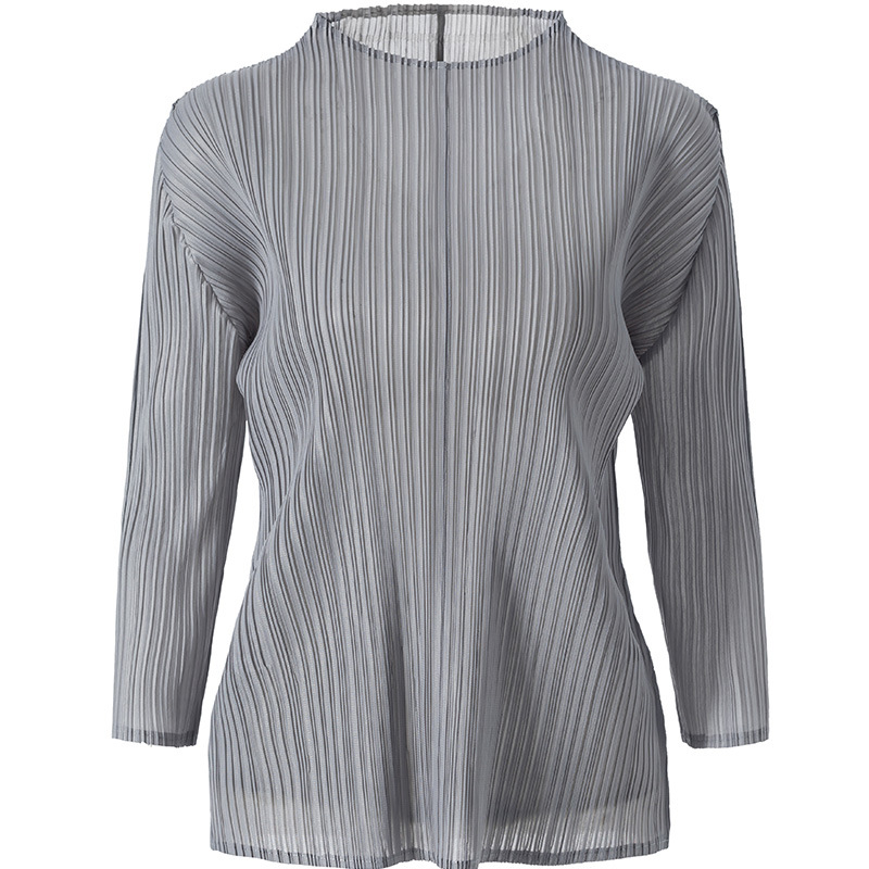 New Pleated Women's Solid Color Simple Round Neck Bottomed Pullover Long Sleeve Top