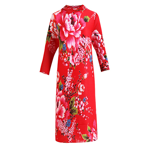 Chinese Style Printed Dress Spring 2021 New Women's Loose Plus Size Age Reducing Pleated Dress
