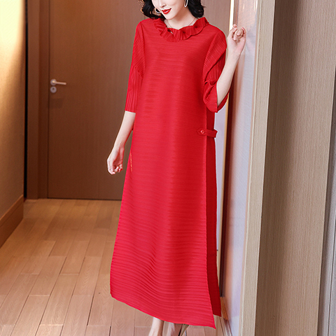 Pleated High End Foreign Style Red Dress Spring 2021 New Women's Loose Size Over Knee Length