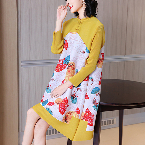 Chinese Style Modified Cheongsam Dress Spring New Women's Fashion Foreign Style Printing Age Reducing Plus Size Pleated Dress