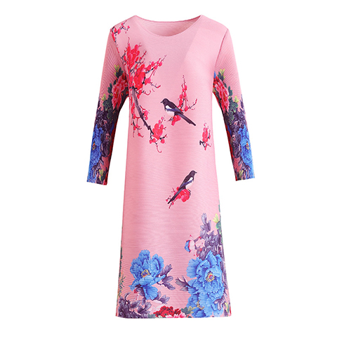 Chinese Style Retro Printed Mother's Dress Spring 2021 New Women's Loose Plus Size Pleated Dress