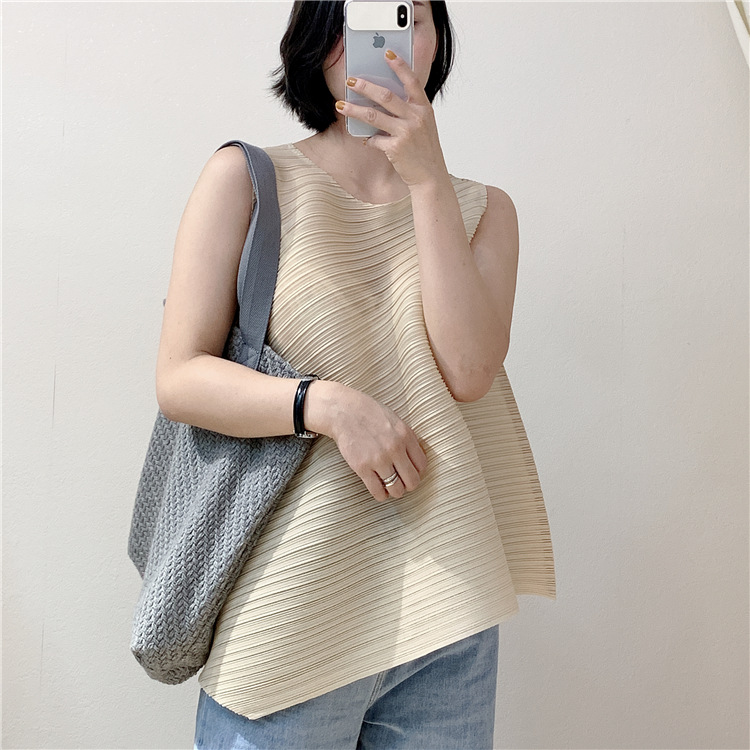Lady Wrinkle Tops Sleeveless T-shirt Fashion New Solid Color Irregular Loose Size Pleated Shirts