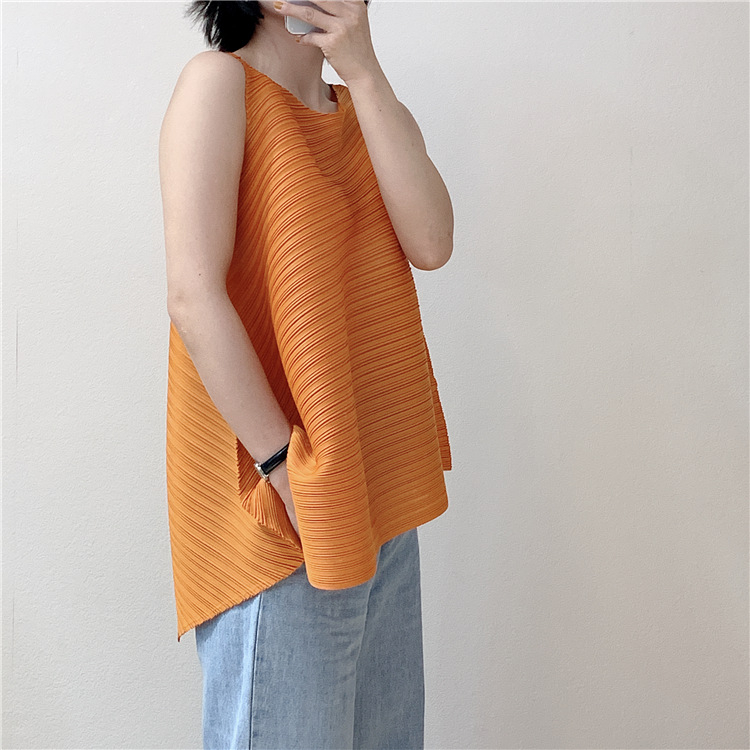 Lady Wrinkle Tops Sleeveless T-shirt Fashion New Solid Color Irregular Loose Size Pleated Shirts