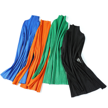 Pleated T-shirt Bottoming Tops Women's 2020 Spring Autumn Solid Simple High Neck Slim Long Sleeve Top