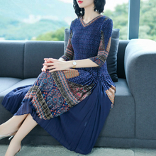 French Vintage Big Size Prints Dress Pleated Middle-aged Women's Dress