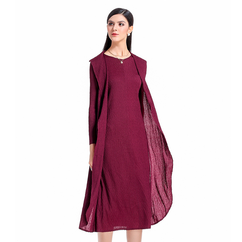 Autumn Women Original Design Jacquard Fold Fake Two Popular Static Color Boutique Dress