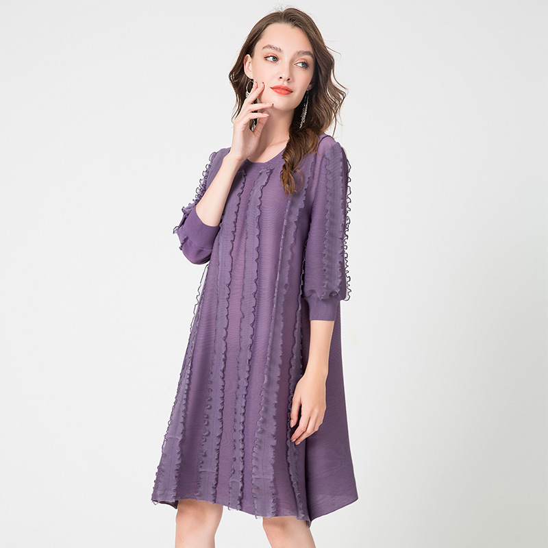 Mesh Ear Women Pleated Bar Wood Ear Mesh 7-sleeve Static Color Dress