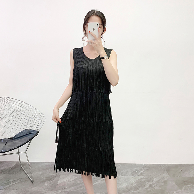 Pleated Tassel Bottoming Dress Fast Selling Amazon Popular Solid Color Pleated Dress