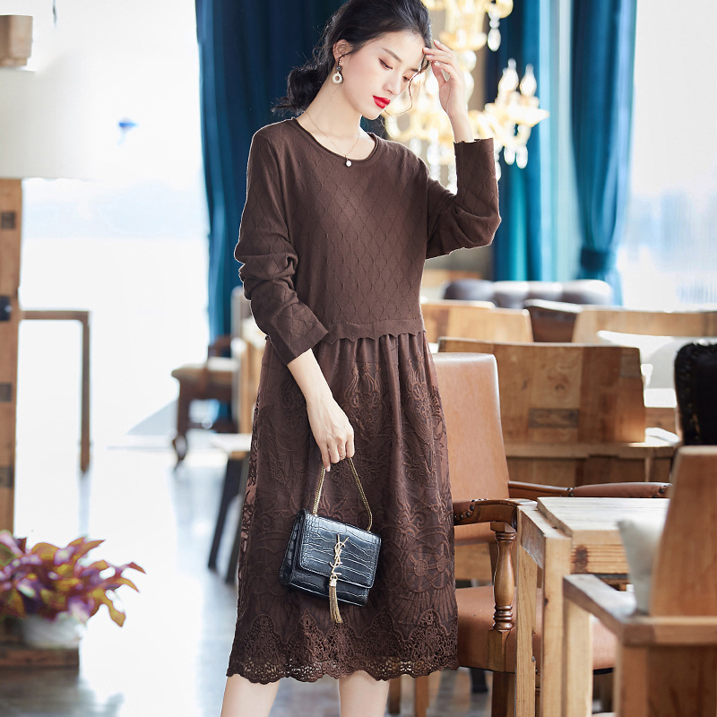 Autumn And Winter New Dress 2019 Knitted Embroidery Dress Loose Large Long Sleeve Dress