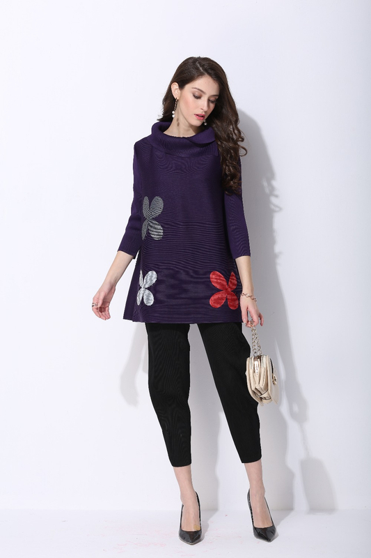 new style pleated long sleeve print flower t-shirt
