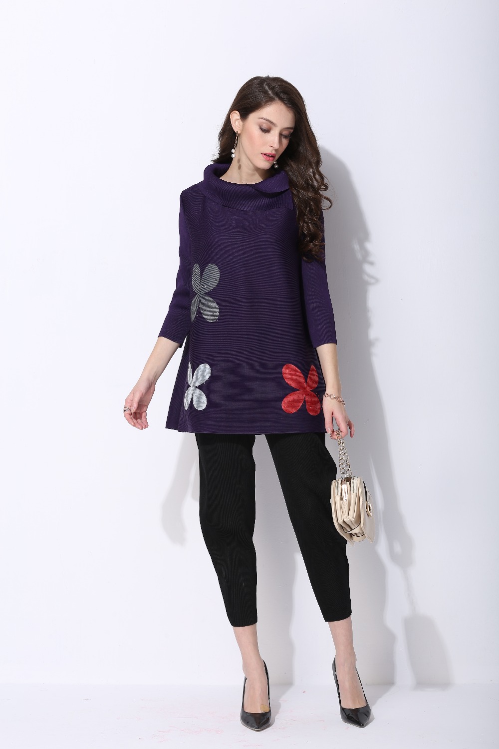 new style pleated long sleeve print flower t-shirt