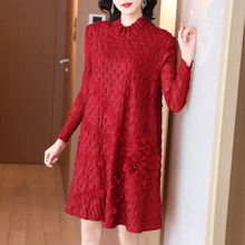 High End Pleated Embroidered Red Dress For Women's Autumn And Winter New Style Long Sleeve Dress