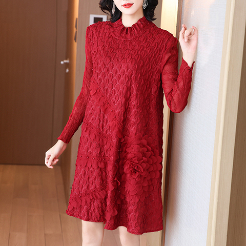 High End Pleated Embroidered Red Dress For Women's Autumn And Winter New Style Long Sleeve Dress