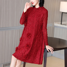 Red French Dress Female High-end Temperament Plus Size A-line Long Sleeve Pleated Dress