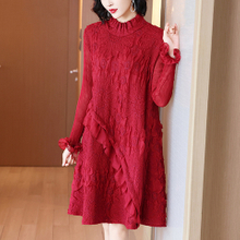 Long Sleeve Red Dress Autumn Winter 2020 New Women's Loose Pleated Dress