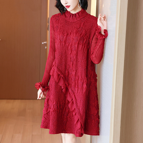 Long Sleeve Red Dress Autumn Winter 2020 New Women's Loose Pleated Dress
