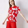 Short Sleeve Lapel Print Temperament Slim Casual Pleated T-shirt