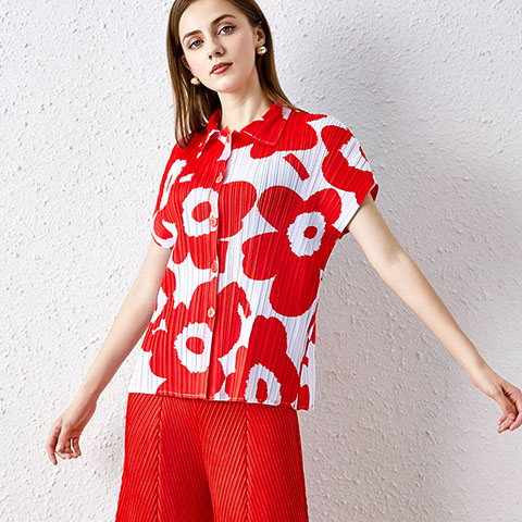 Short Sleeve Lapel Print Temperament Slim Casual Pleated T-shirt