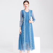 New Arrival Women Pleated Office Lady A-line Solid Long Sleeves Lace Mid-calf Regular O-neck Dress