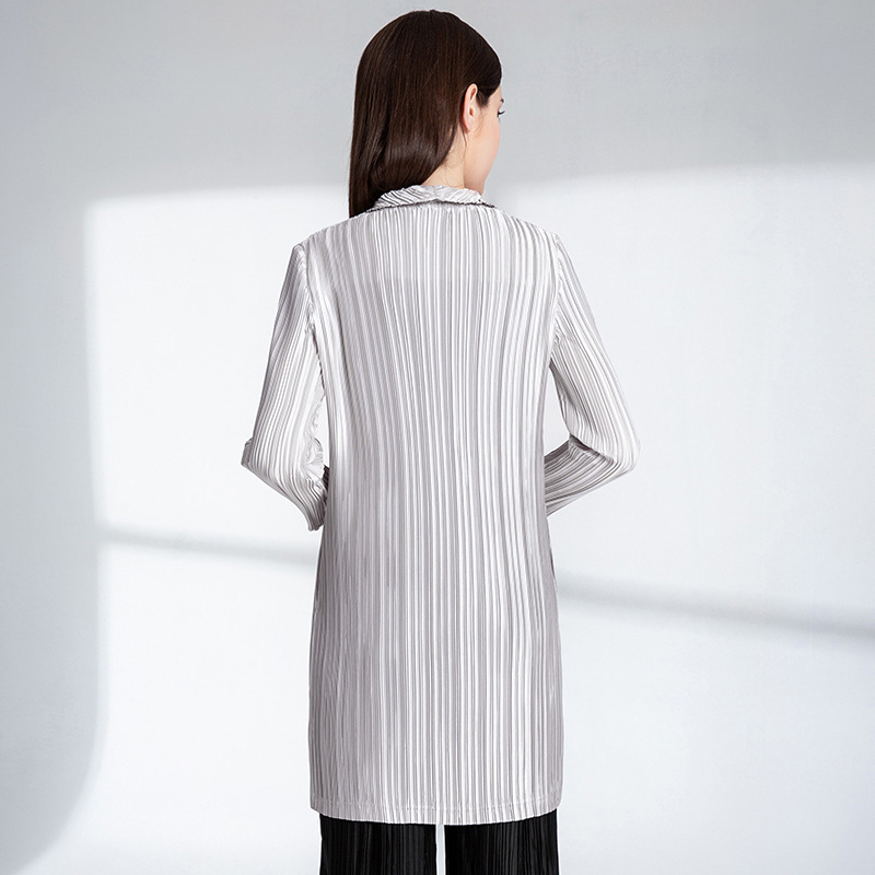 Spring Autumn Women Pleated Jacket Fashion Cardigan Lapel Pure Color Coat