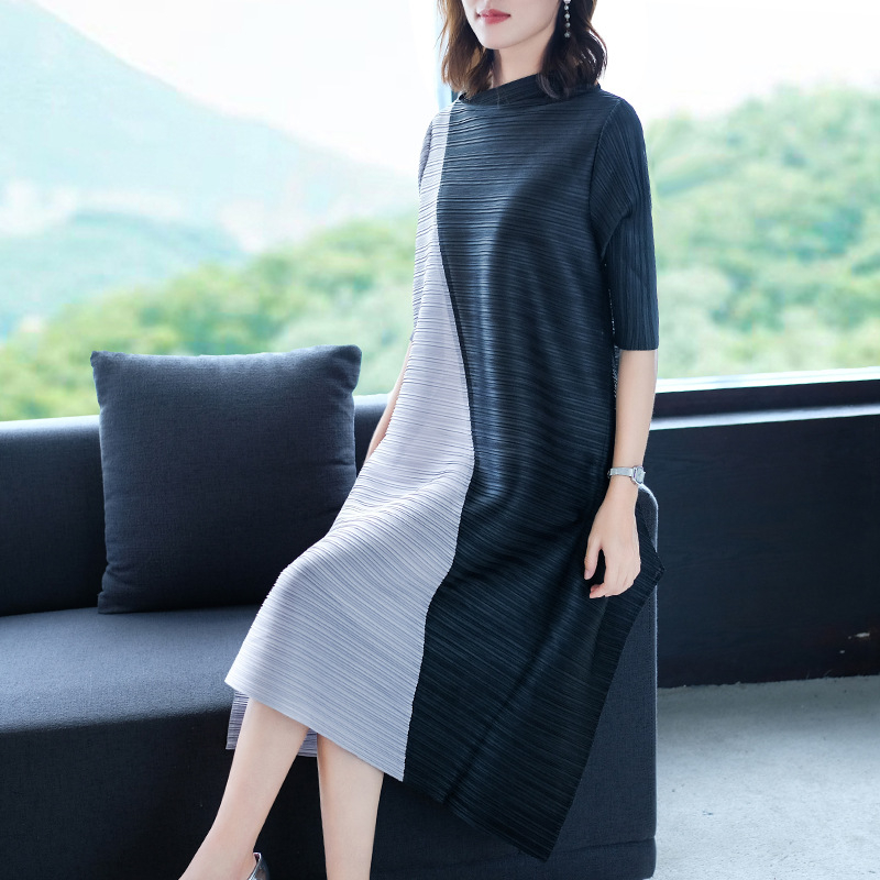 New Arrival Autumn Women Pleated Dress Patchwork Fashion Tidal Loose Big Size Dress