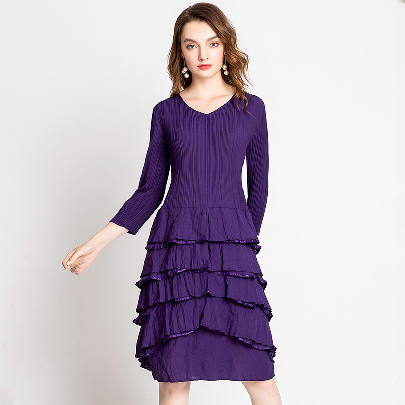 Women Pleats A-line Solid Three Quarter Sleeves Draped Autumn Dress