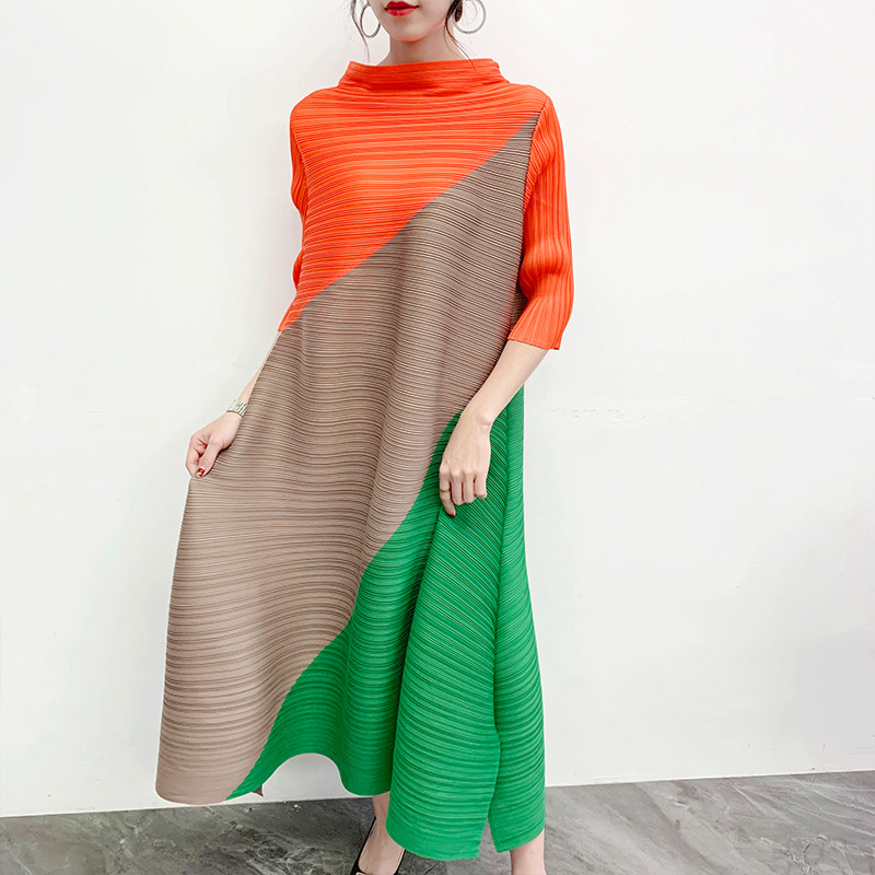 Pleated Dress Spring Summer 2020 New Color Block Pleated Long Loose Large Size Dress