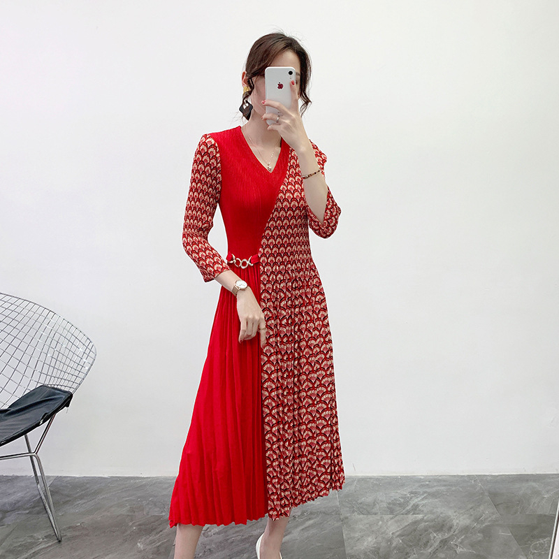Pleated Dress Spring And Summer 2020 New Women's Pleated Print Bottom Large Size Dress