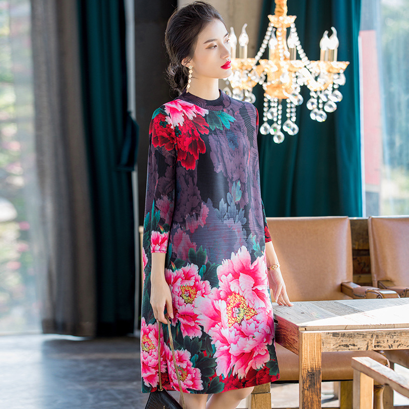 Pleated Oversized Ethnic Print Dress New Women's Fashion Dress In Spring 2020