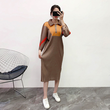 Pleated Lapel Color Blocking Dress 2019 Winter New Large Women's Dress