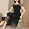 Lace Stitched Dress Summer New Women's Wear Round Collar Short Sleeve Pleated Tidal Dresses