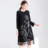 Autumn Women Pleated Lady Floral Loose Embroidery O-neck Dresses