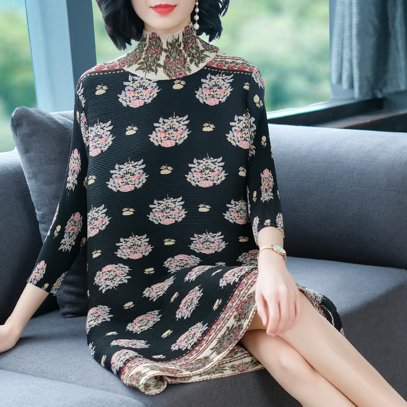 Women Fashion Pleats Printed Dress Spring New Women's Big Size Dresses