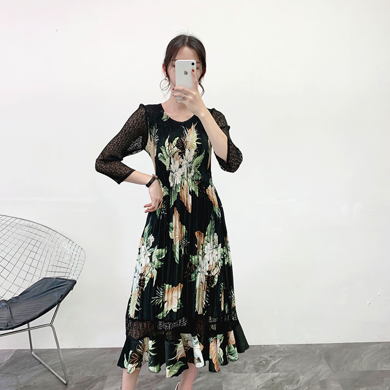 Pleated 2019 New French Style Printed Women Pleated Dress