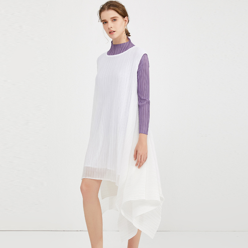 Spring 2020 New White Pleated Dress Round Neck Sleeveless Women's Loose Large Dress