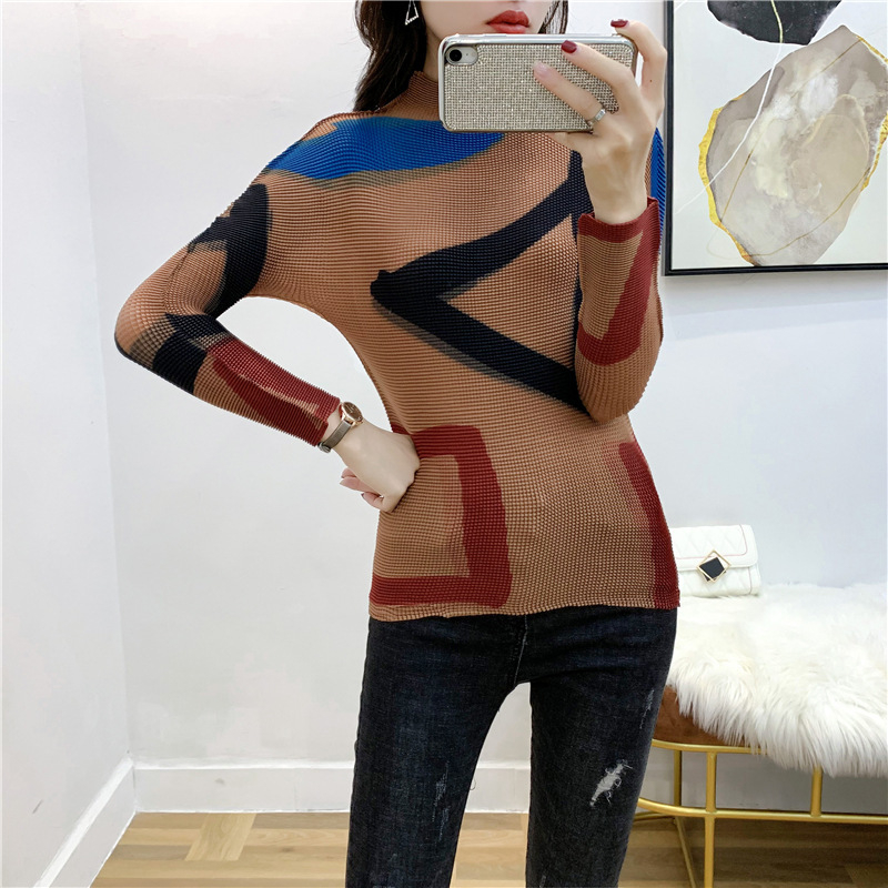 Pleated Top Women's 2020 Spring Women's High Neck Long Sleeve Slim Print T-shirt Bottoming