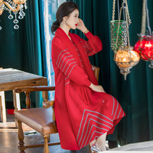 Women Fashion New Red Embroidered Beaded Pleated Dress 2020 Spring New Scarf Collar Big Size Dress