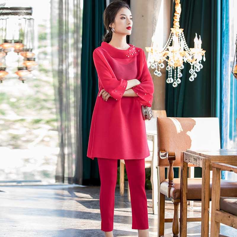 Women Fashion Casual Large Shirts Pleated Suit New Large Pants Tops Two Piece Clothing Sets In Early Spring 2020