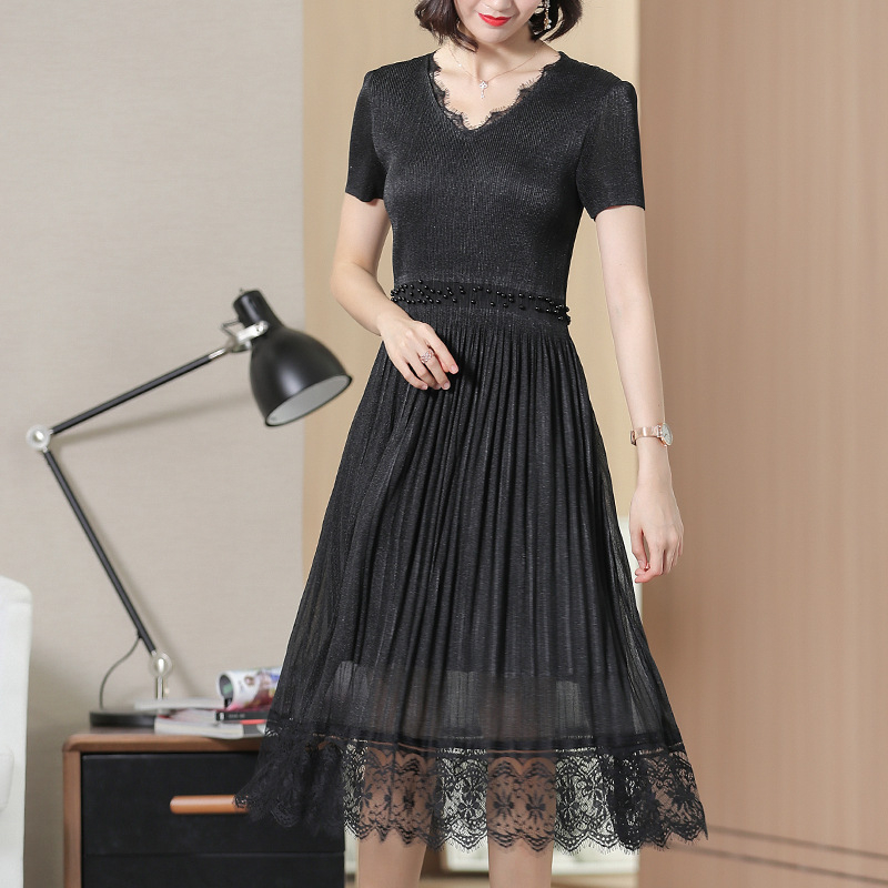 Women Pleated Tidal Lace Dress New Summer Lady Elegant Dress