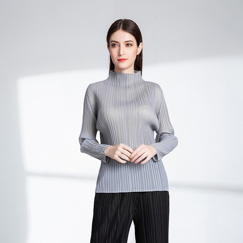Autumn Women Pleated Pure Color Elastic High Collar Pullover Long Sleeves Shirts