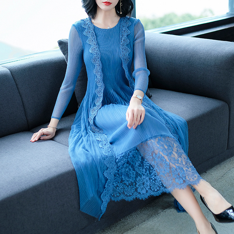 Women Pleated Fashion New Solid Color Lady Elegant Popular Long One Piece Dress